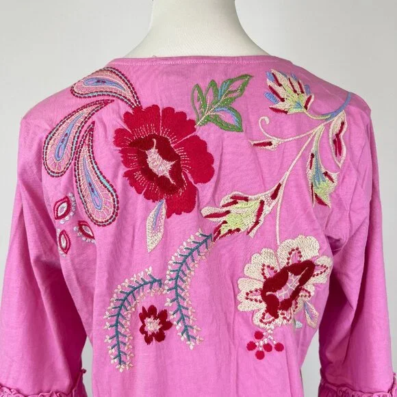NWOT JOHNNY WAS Freyde Cotton Embroidered Floral Tee 3/4 Sleeves Shirt Size S - Picture 8 of 14